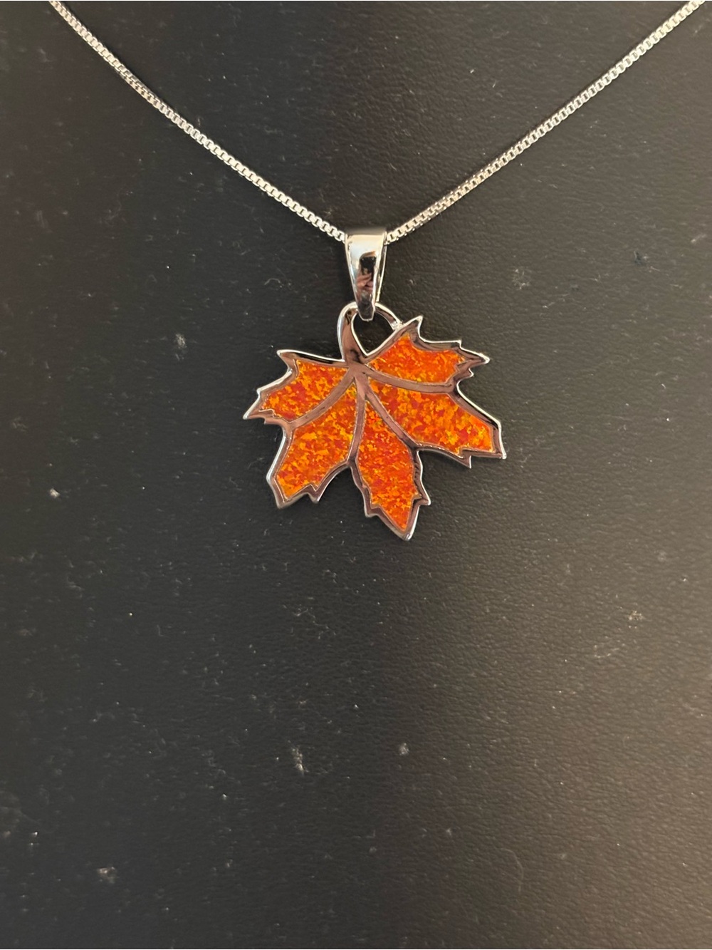 Orange Maple Leaf Pendant Necklace in Silver